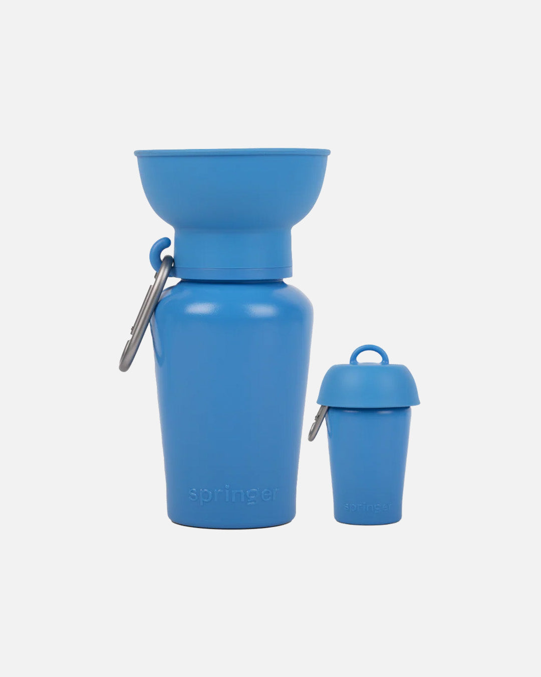 Blue dog travel water bottle with flip-up bowl and clip-on carry, leak-tight and BPA-free for walks and travel.