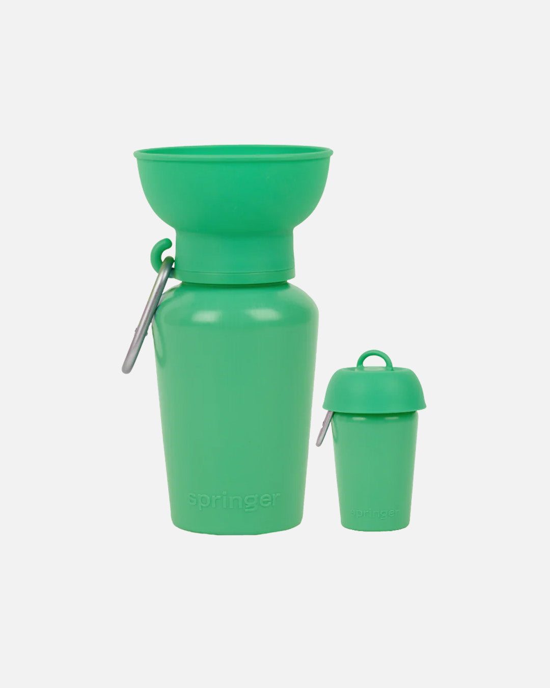 Green dog travel water bottle with flip-up bowl and clip-on carry, leak-tight and BPA-free for walks and travel.
