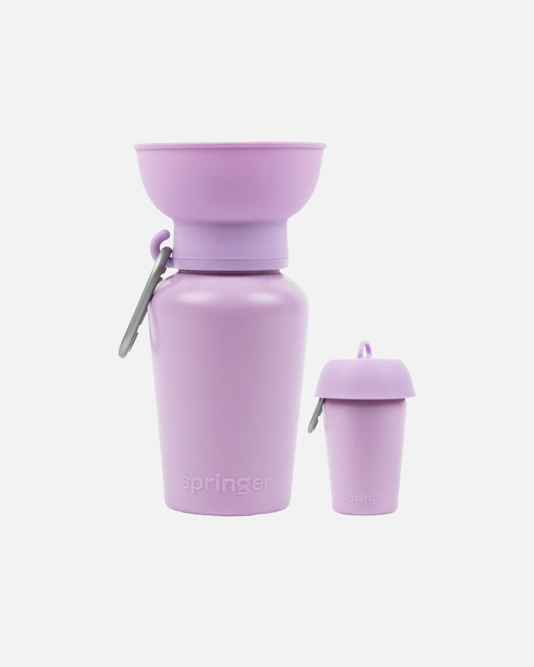 Lilac dog travel water bottle with flip-up bowl and clip-on carry, leak-tight and BPA-free for walks and travel.