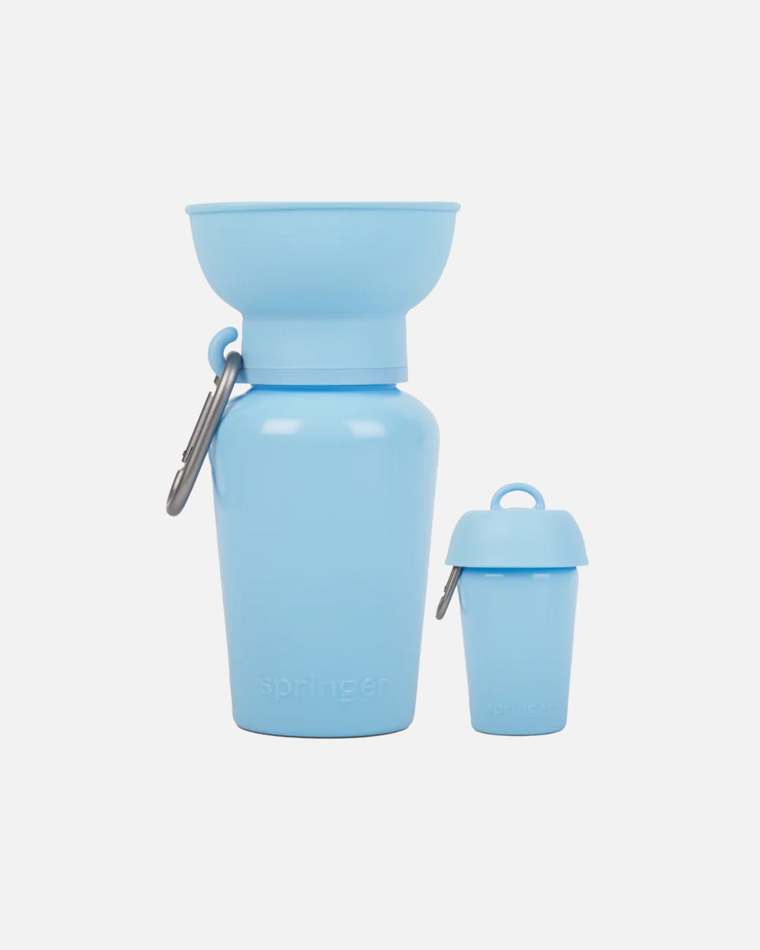 Sky blue dog travel water bottle with flip-up bowl and clip-on carry, leak-tight and BPA-free for walks and travel.