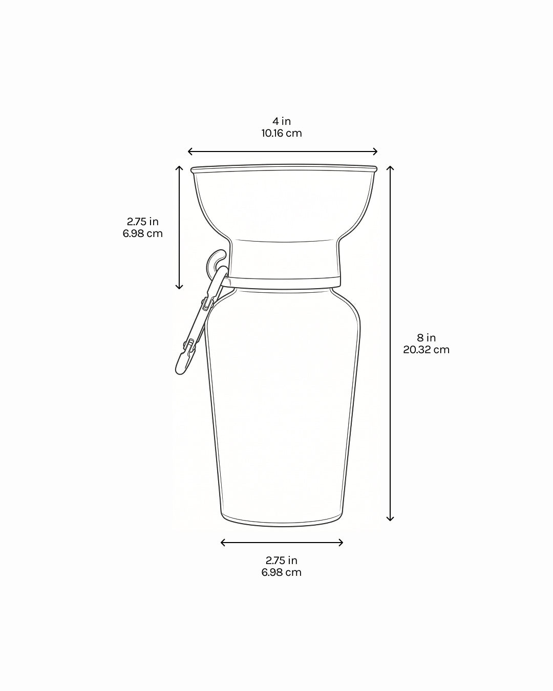 Dog travel water bottle dimensions diagram showing flip bowl top and bottle measurements for packing and travel.