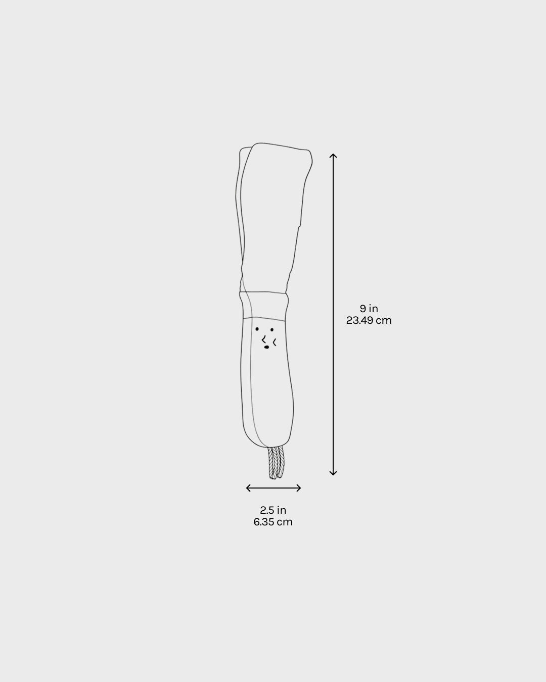 Green onion nosework dog toy size diagram showing 9 in by 2.5 in dimensions