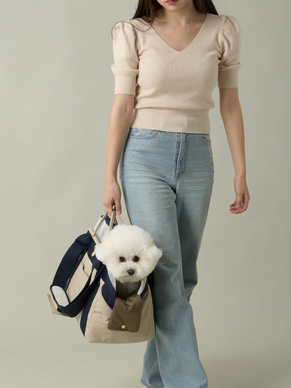 A small dog comfortably inside the Bagel Bag pet carrier.