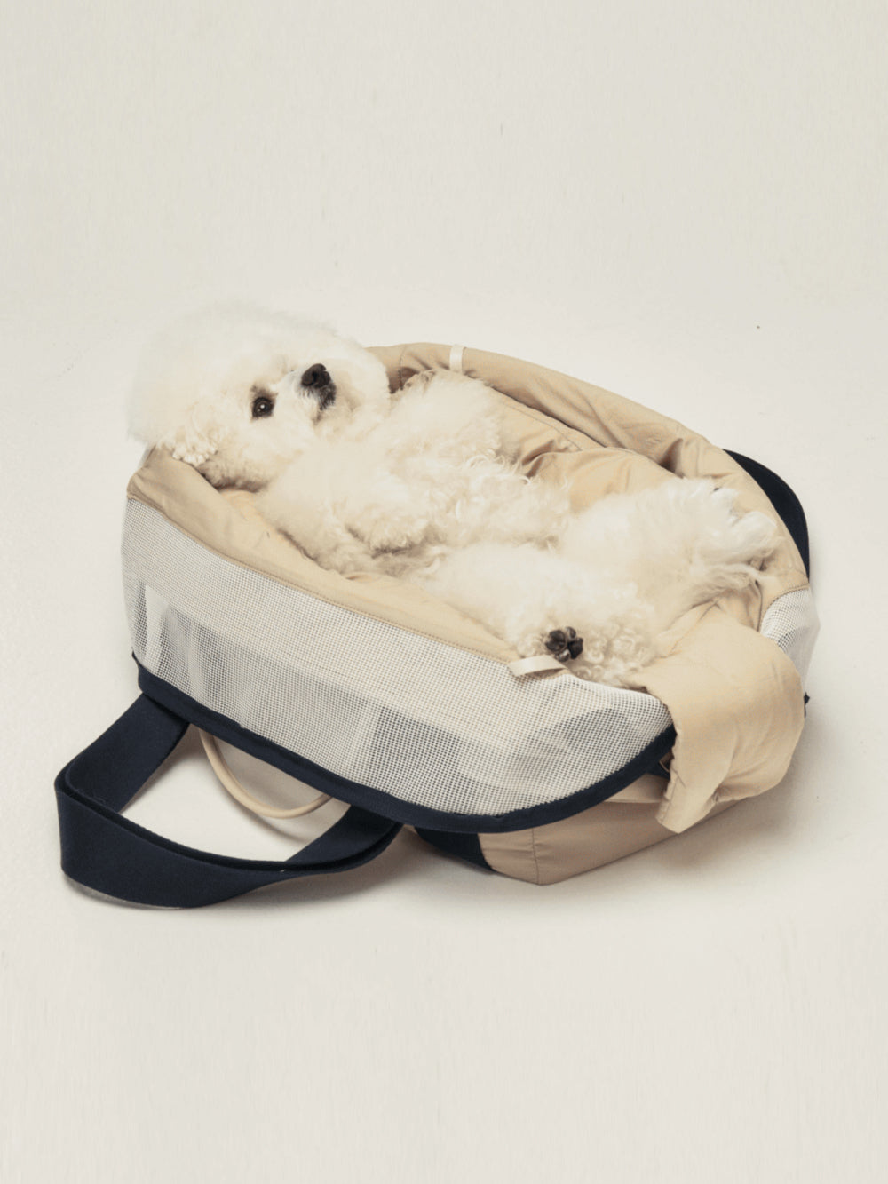 A small dog comfortably lying down on the Bagel Bag pet carrier.