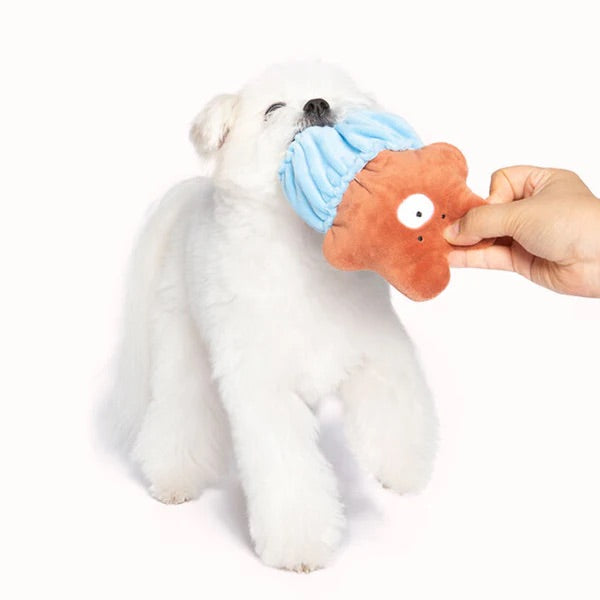 A small dog tugging Crinkle Squeaker Nosework Toy Walking Bear.