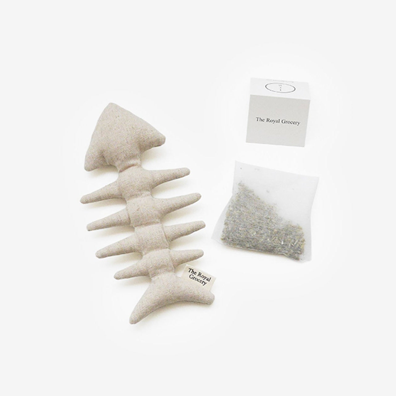 Fish Bone Catnip Toy alongside a USDA Organic certified catnip teabag.