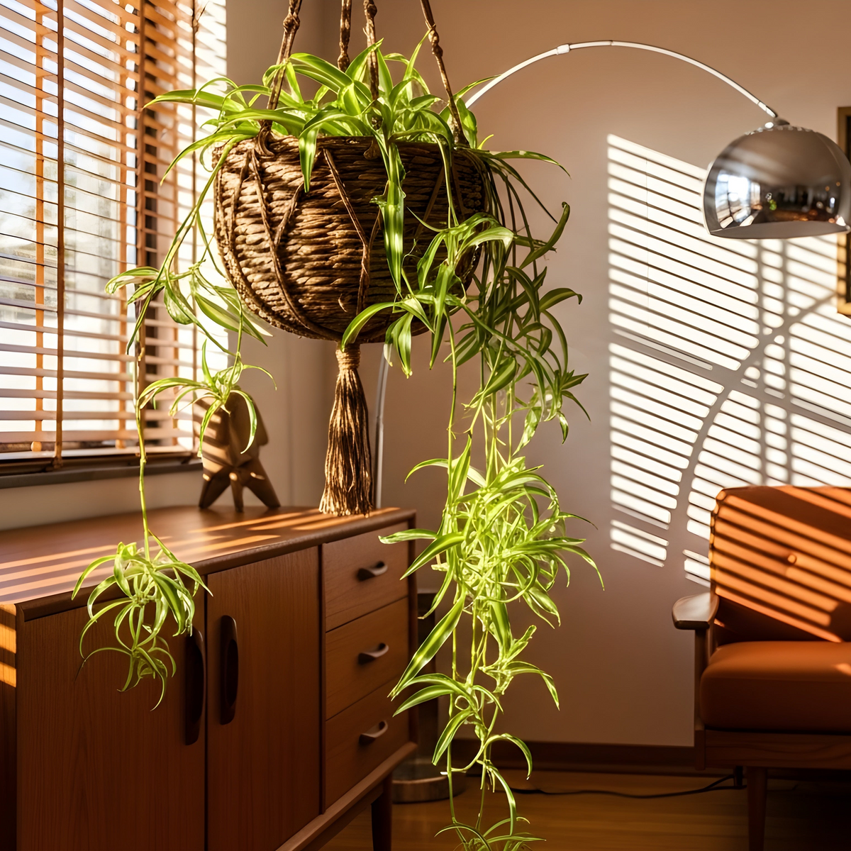 Spider plant with trailing leaves, safe for cats