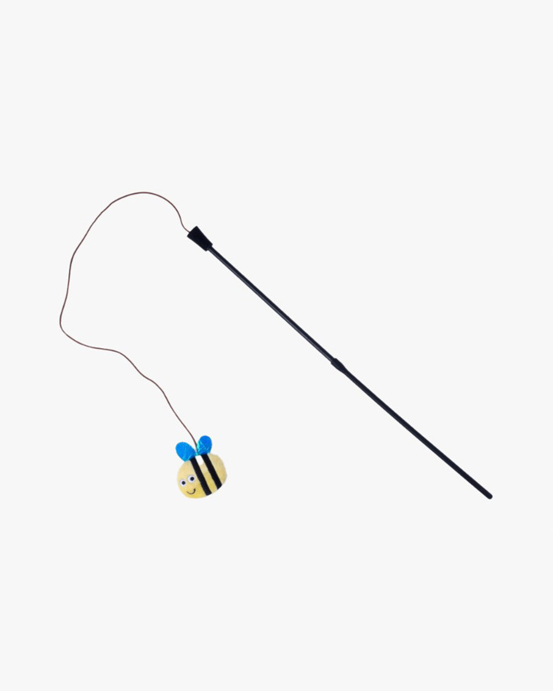 Yellow and black plush bee cat teaser wand toy on white background