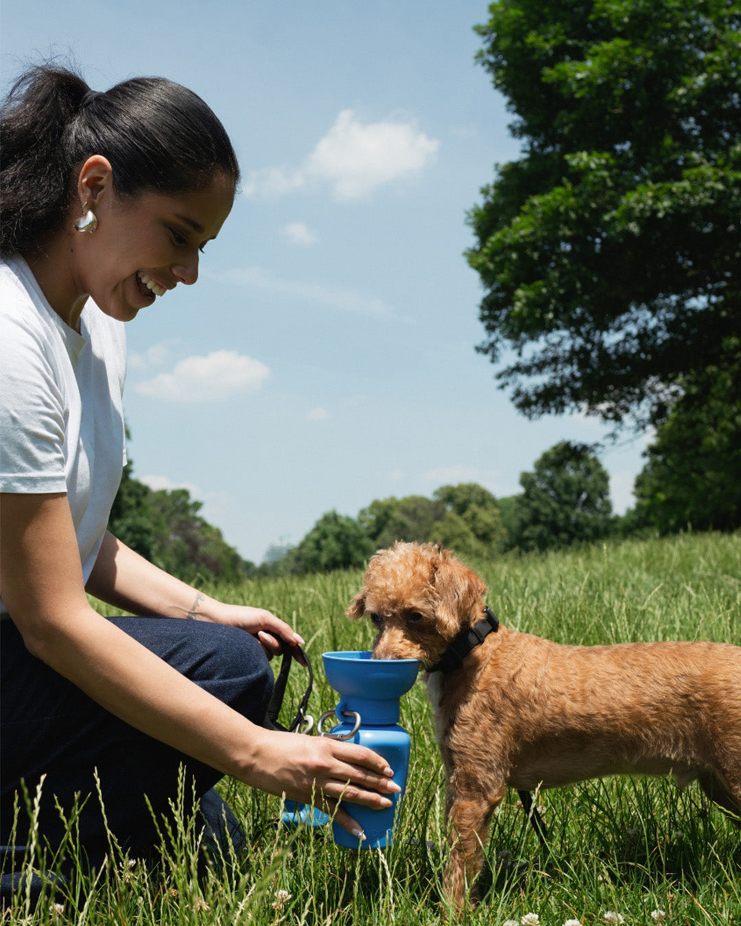 Person offering a sky blue travel dog water bottle with built-in bowl during a walk, easy one-hand hydration.