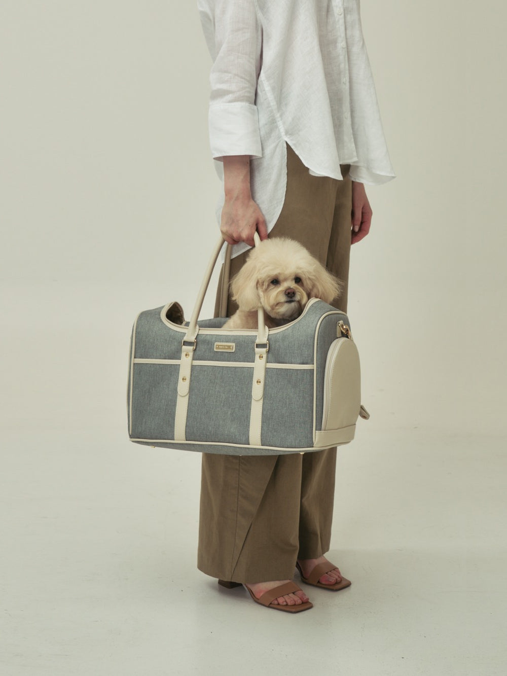 A small dog peeking out from the partially opened top of the Getaway carrier, demonstrating pet accessibility.