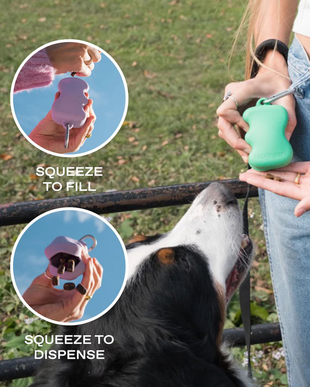 Dog training with a clip-on silicone treat dispenser—squeeze-to-fill and squeeze-to-dispense for quick rewards on walks, with close-up insets showing filling and dispensing treats.
