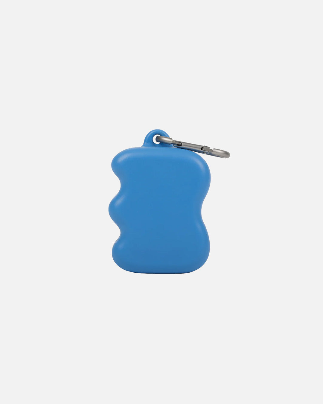 Blue silicone dog treat dispenser with built-in carabiner on white background, squeeze-to-dispense training reward holder for walks.