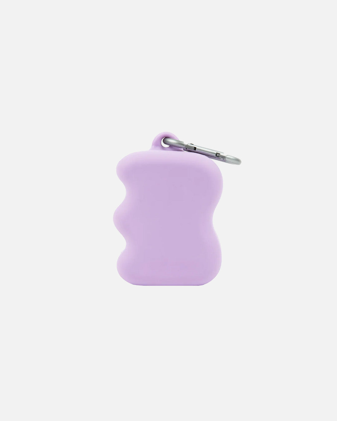 Lilac silicone dog treat dispenser with built-in carabiner on white background, squeeze-to-dispense training reward holder for walks.