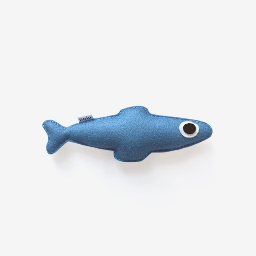 Design for Pets Anchovy-shaped catnip toy for cats, in blue felt.