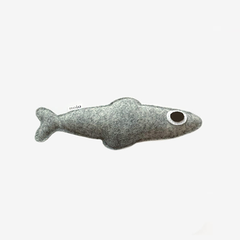 Design for Pets Anchovy-shaped catnip toy for cats, in gray felt.