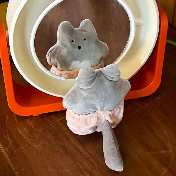 Crinkle Squeaker Nosework Toy in front of a cute aesthetic mirror.