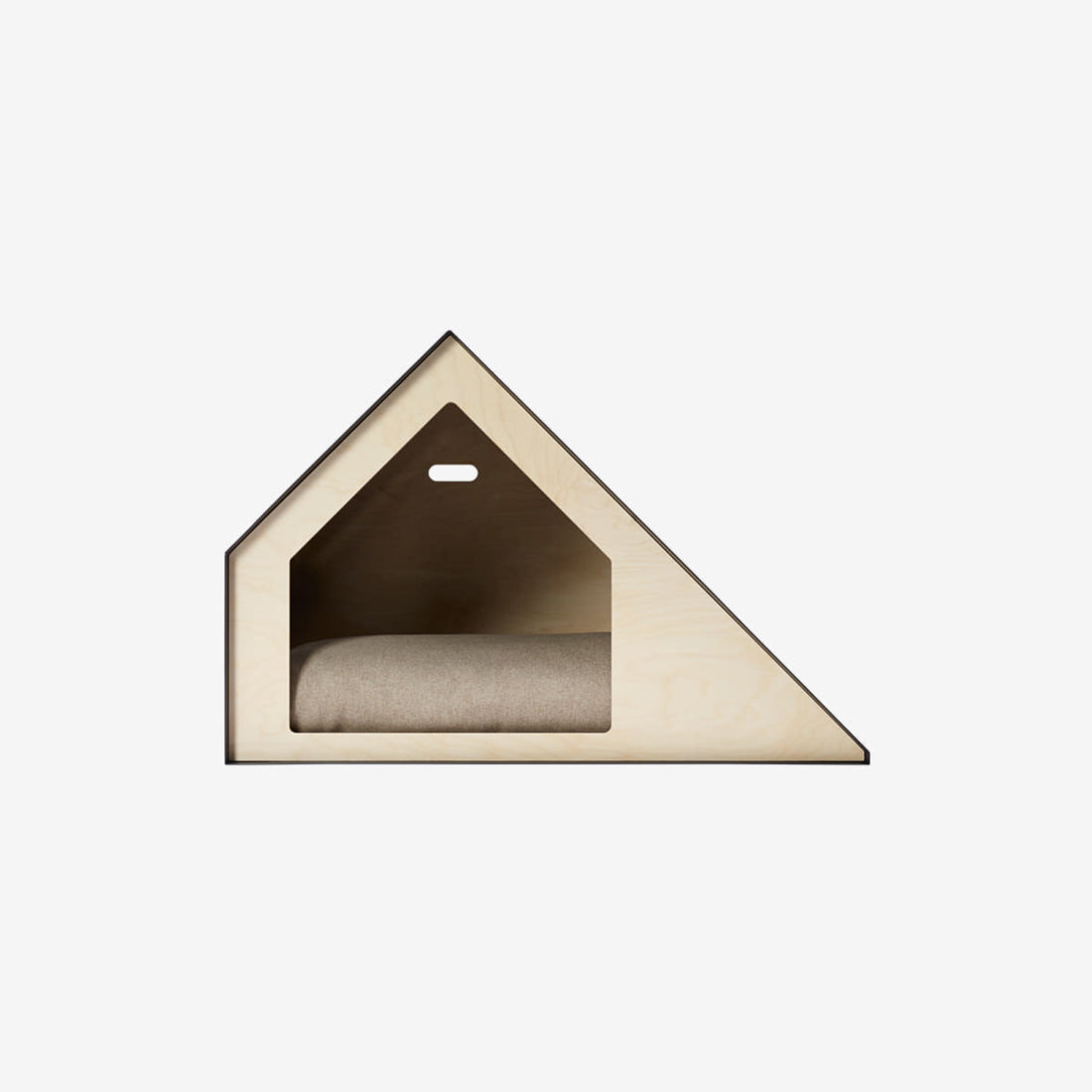 Front view of the Deauville pet house, highlighting the elongated window and visible cushion inside.