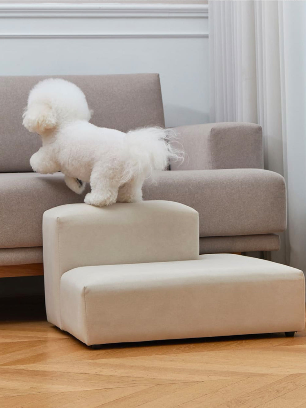 A small dog confidently climbing the Extended Step to reach a sofa, showcasing its wide and stable design.