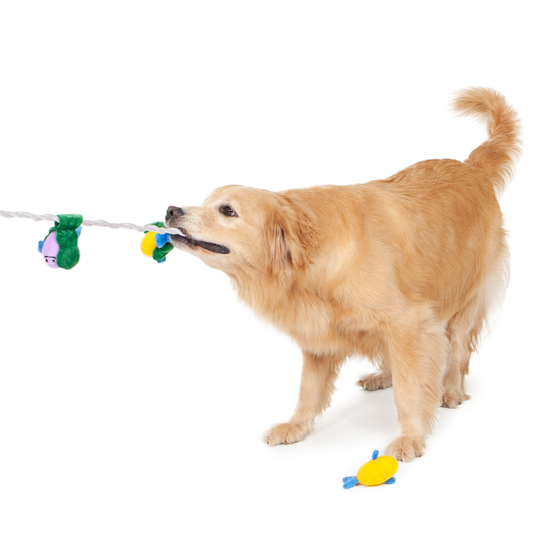 A dog pulling on the Fishing Tug Toy, showcasing the stretch and resilience of the fabric rope.