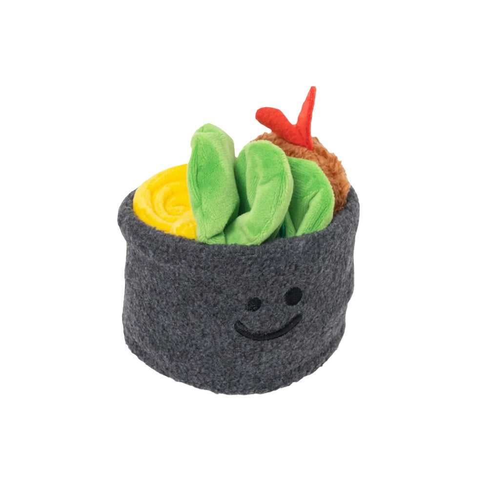 Giant Gimbap Nosework Toy resembling a Korean gimbap roll, complete with plush egg roll, spinach, shrimp, and seaweed rice wrap components.