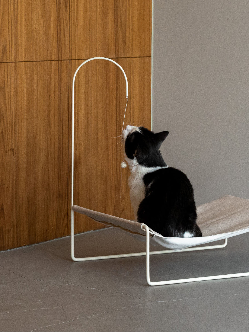 A cat stretching inside the Lullaby Hammock, enjoying the ample space and supportive fabric.